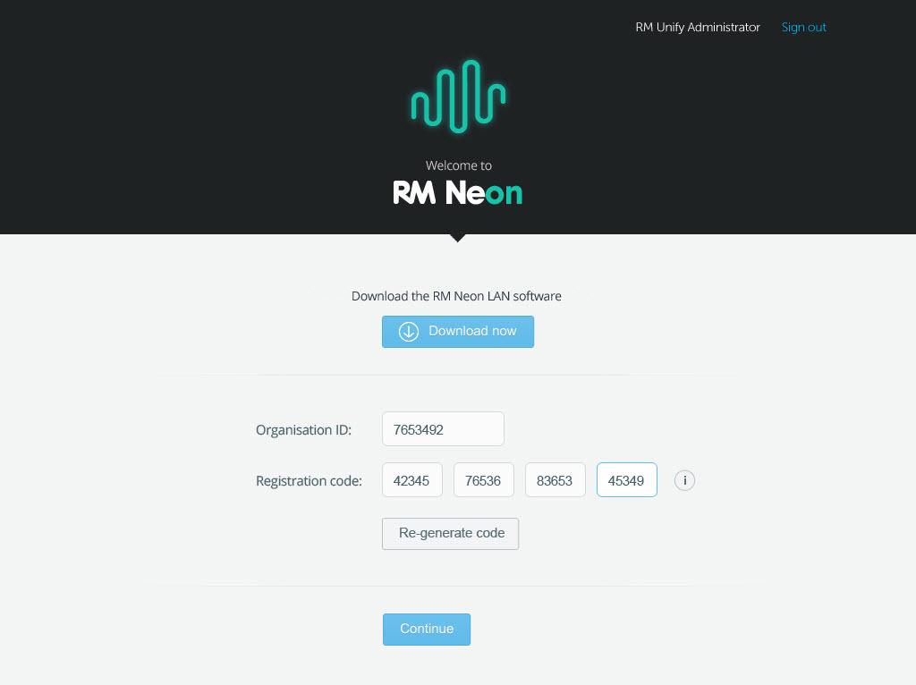 A registration page for RM Neon is displayed. It shows a registration code with the format XXXXX-XXXXX-XXXXX-XXXXX where X is a letter or number. This is valid for 48 hours, and then it expires.