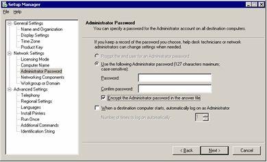 Leave the Password and Confirm password fields blank. Step 18. Select the Encrypt the Administrator password in the answer file check box. Step 19. Click Next. Step 20.