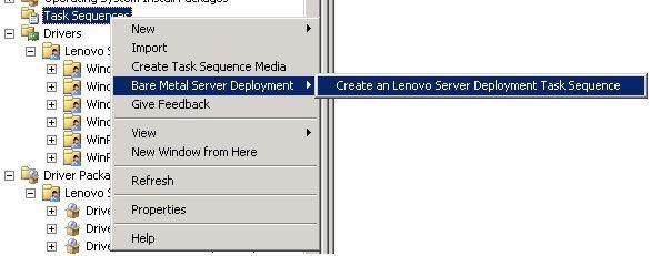 Ensure that a Lenovo Deployment Pack task sequence has been added to the task sequence Bare Metal