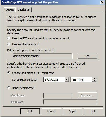 Figure 24. PXE service point PropertiesDatabase tab Step 7. Click OK.
