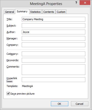PowerPoint controls some of the properties, such as the size and dates; you can add and change others, such as the assigned categories and authors.