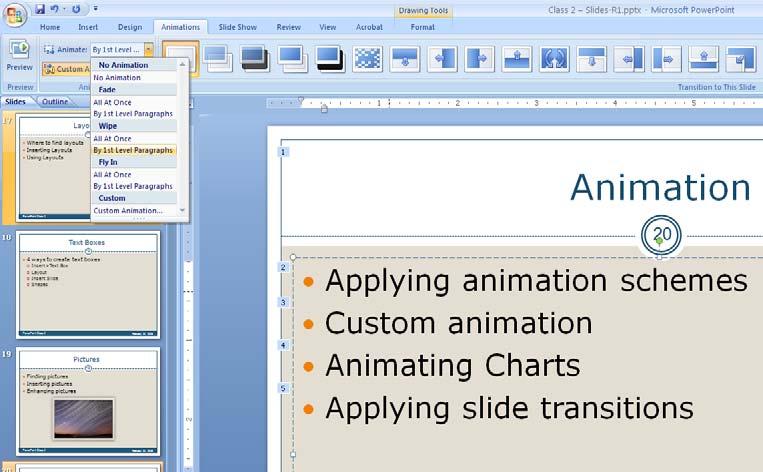 Page 16 ANIMATIOIN Try-It 7: Insert a transition and animation scheme to govern all the slides in your presentation 1. Click on a slide text box or chart 2.