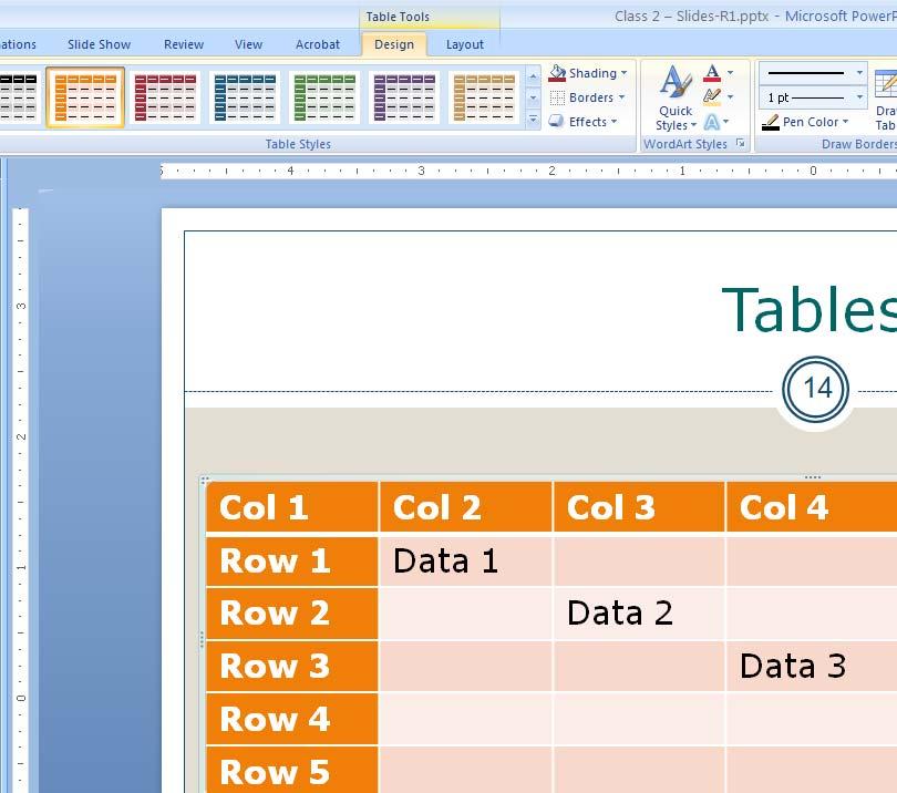 Let your pointer glide over the number of rows and columns you want in your chart and click when you have it 5. Notice that there is now a Table Tool tab at the right end of the tabs 6.