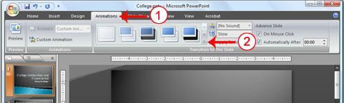 Click the transition you want to apply. As you roll your pointer over each transition, PowerPoint provides you with a live preview of the transition.