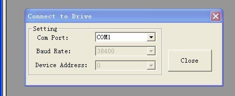 When you open ProTuner, a Connect to drive window appears. The Baud Rate and Device Address are fixed.
