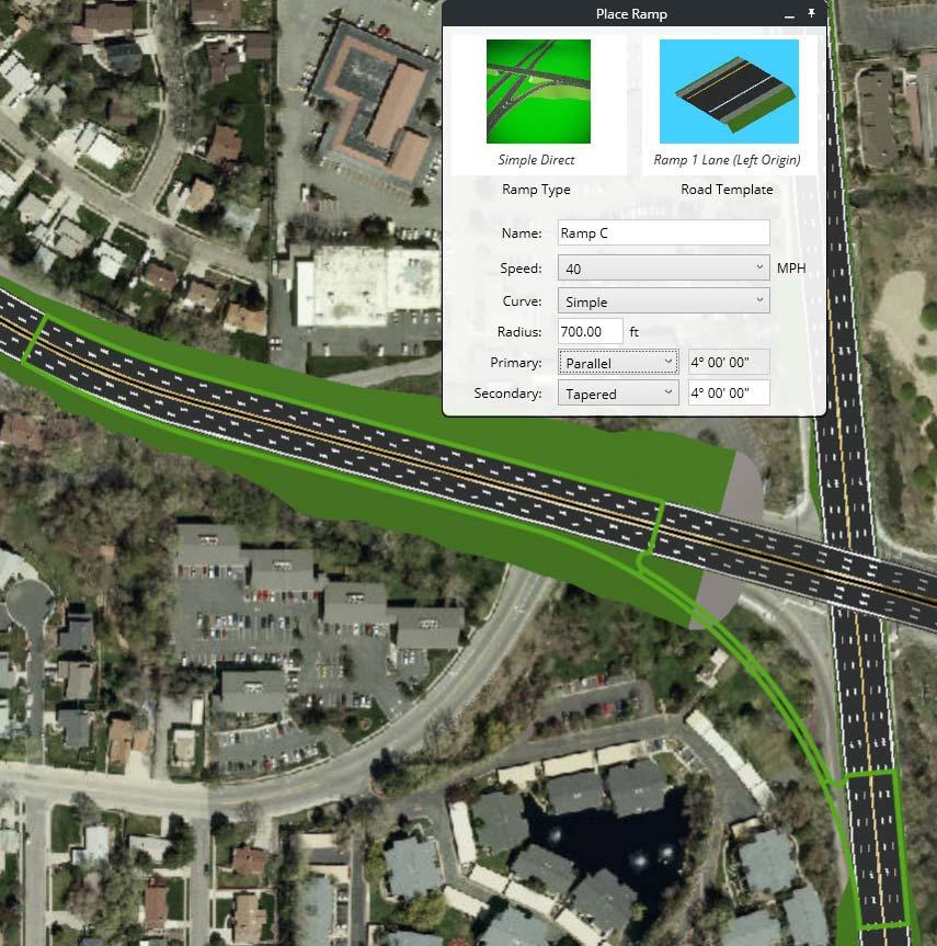 Create a Ramp in the South-West Quadrant of the Interchange 1. Set the Camera Orientation to the Top view. 2. Select Ramp Designer from the Road Placement Tools. 3. Set the Ramp Type to Simple Direct.
