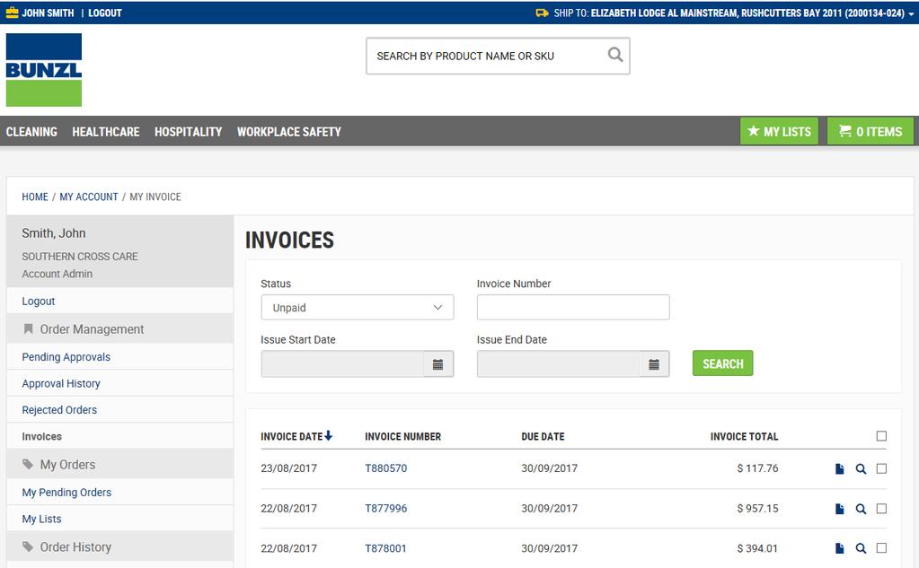 6. To view an Invoice, select the icon on the right hand side of the relevant invoice.