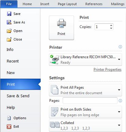 Printing a Document Click on the File tab Click on Print In the Print window, look over the preview of the print job Modify the settings (if required) Note: Here you