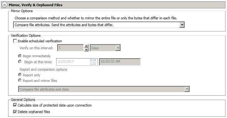 Mirror, Verify & Orphaned Files Mirror Options Choose a comparison method and whether to mirror the entire file or only the bytes that differ in each file. Do not compare files. Send the entire file.