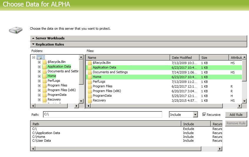 Volumes and folders with a green highlight are included completely. Volumes and folders highlighted in light yellow are included partially, with individual files or folders included.