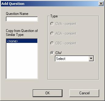 Click the Add button. The Add Question dialog is shown: First, specify a name for the question in the Question Name field. Type Q1.