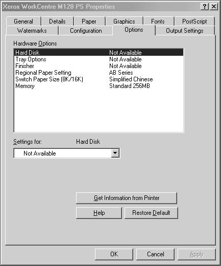 2 Operation with Windows 95/98/Me Options Tab Settings This section describes the settings in the Options tab. Select the items in Hardware Options and change them in the Change box below.