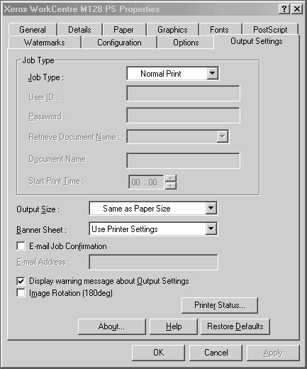 2 Operation with Windows 95/98/Me Output Settings Tab Settings This section describes the settings in the Output Settings tab. Job Type NOTE: You can restore defaults by clicking [Restore Defaults].
