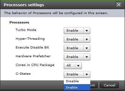 2.Click [Processors]. 3. In Processors settings dialog box, select and change to the setting you require, and click [Confirm].