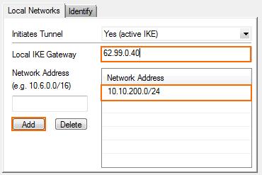 Network Address Enter your local on-premise network and click Add. E.g., 10.10.200.0/24 8. Configure the remote network settings.