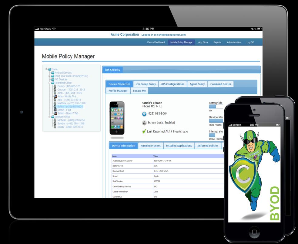 Apple ios Enterprise Mobility Management (cloud based) Codeproof ios EMM offers the following enterprise mobility management and BYOD security features.