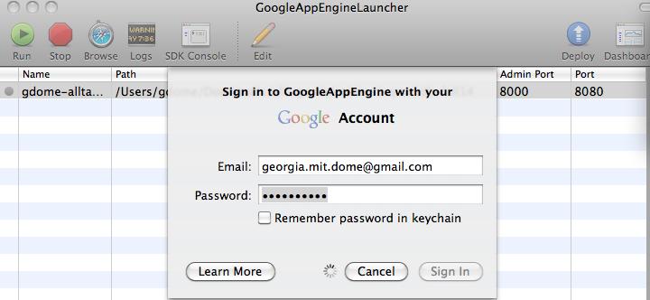 34. In GoogleAppEngineLauncher, click on the Deploy button and log into the
