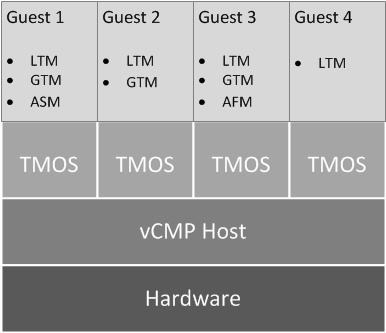 Introduction to the vcmp System Figure 1: Example of a four-guest vcmp system Other vcmp system components In addition to the host and guests, the vcmp system includes these components: Virtual