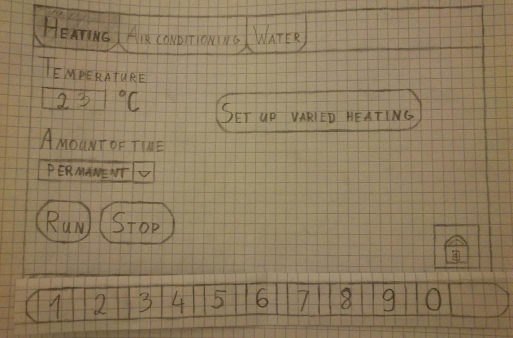 Figure 7 Paper Prototype - same heating screen just with the numbers keypad on the bottom to modify the temperature value.