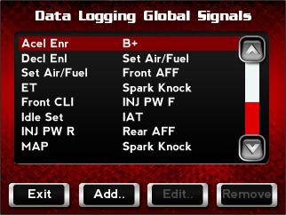 CHAPTER 4 Power Vision Menus To View Signals Signals are channels that can be logged on the Power Vision. You can add, edit, or delete channels that are data logged. 1 Touch Datalog >Signals.