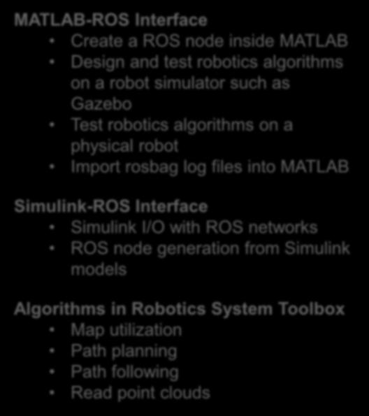 ROS node generation from Simulink models Algorithms in Robotics System Toolbox Map