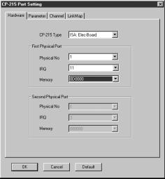 2.1 Communication Manager a) Hardware Tab Page Set the operating conditions of the CP-215 PC/AT Card mounted in the PC. i) ii) iii) 2 Setting i) Physical No.