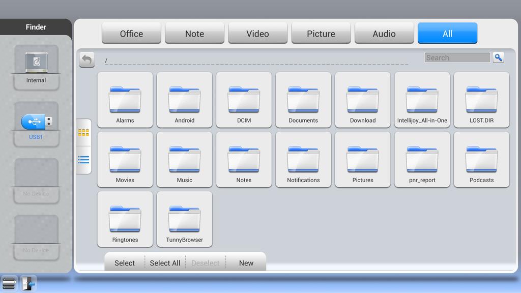 Finder Finder is the file browser for the Clevertouch Plus. Here you can access files stored on the internal storage or the connected USB stick.