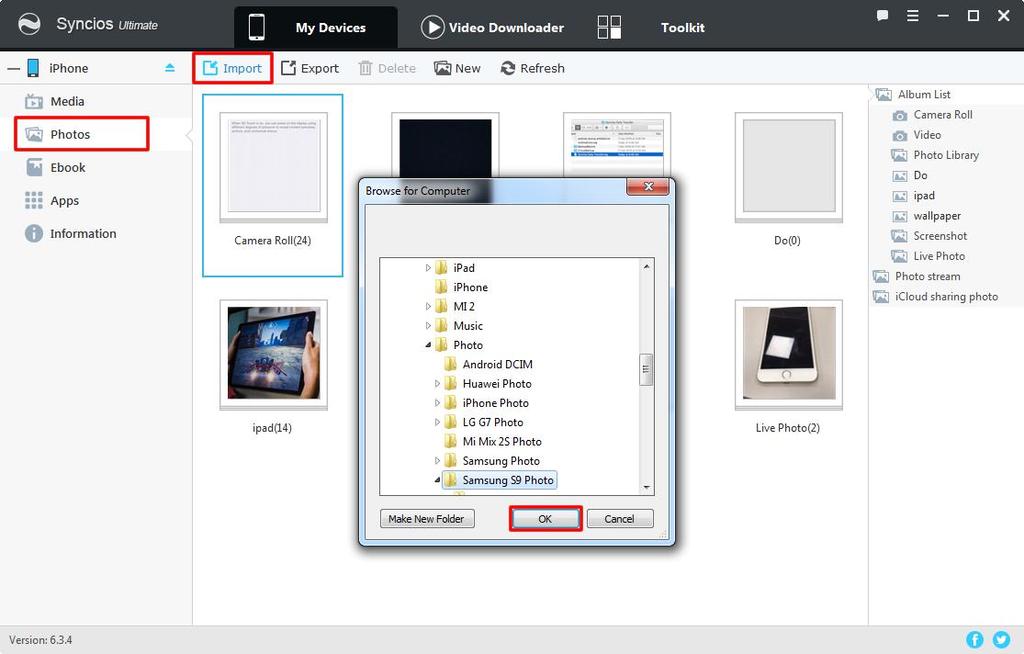 previously and click OK to recover. You can import your photos to device. Simply press 'Photos' tab on the left panel of Syncios.