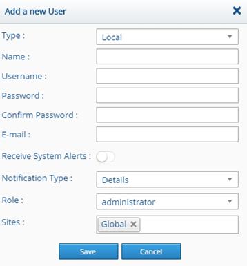 Figure 120: Add a New User Dialog Box 2. Select a type, and specify a name, user name, password, confirm password, and an E-mail address. 3.