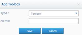 Figure 147: Toolbox Configuration Dialog Box 2. In the Toolbox Configuration dialog box, click the Add button. The Add Toolbox dialog box appears: Figure 148: Add Toolbox Dialog Box 3.