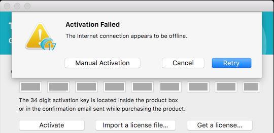 Manual Activation If you don't have internet access or when an error occurs during the activation process, an error message is displayed allowing you to do a manual