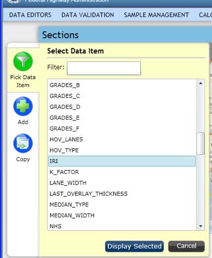 Click on the Filter tool to bring up a list of Section data that can be viewed.
