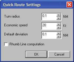 Simrad CS68 ECDIS Parameter setting for the quick route Parameters used when creating a quick route are defined in the Quick Route Settings dialog.