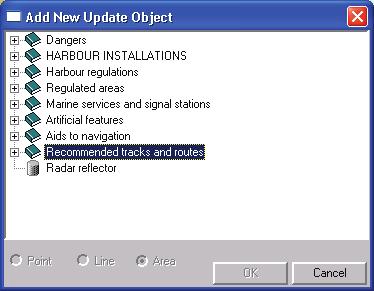 Manual updates are added to the chart by tapping the Tools menu and Manual Update command, and then selecting either Add Object or Add Notice To Mariner commands.