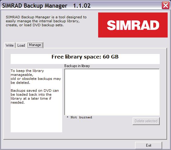 Simrad CS68 ECDIS The screen shows free library space, burned backups and backups to