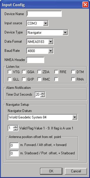 The Input Config dialog has the following fields: Device Name Input Source Device Type Data Format Baud Rate NMEA Header Listen for Time Out in Seconds Note Name for the input device.