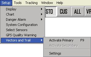 SETTING UP THE DISPLAY Trails are activated by selecting the Setup menu followed by Vectors and Trail command, and then selecting the Activate Primary or Activate Secondary commands.