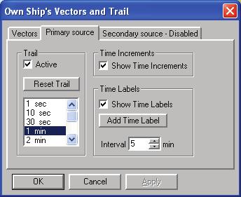 Simrad CS68 ECDIS Primary source /Secondary source Trail: Reset trail: Toggles on/off trail based on information from primary/secondary source.