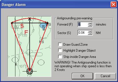 TOOLS FOR SAFE NAVIGATION The danger alarm parameters are defined in the dialog activated by tapping the Setup menu followed by the