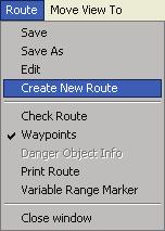 A new route is started by tapping the Navigation menu followed by Create New Route command. The Route Editor window and the Create new Route dialogs are displayed.