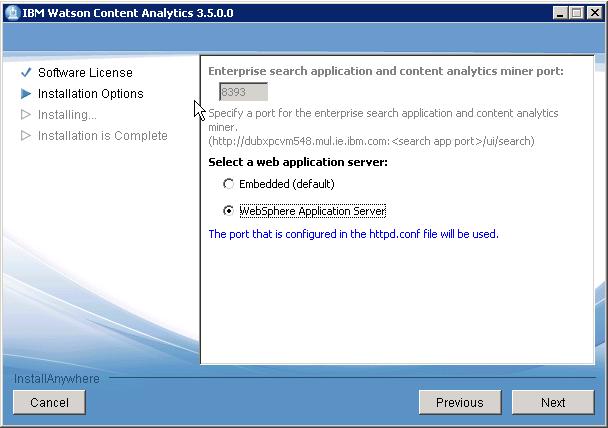 6. Continue with the wizard to specify settings for Websphere Application Server.