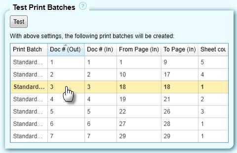 Figure 104: Sort list of print batches Click on the page numbers indicated in the "Doc # (Out)" row and the selected page will be displayed in the preview pane.