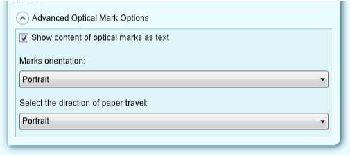 OMS-100 User Manual Advanced Optical Mark Options (OMR) By clicking on the expand button for Advanced Optical Mark Options the following setting for the optical marks can be