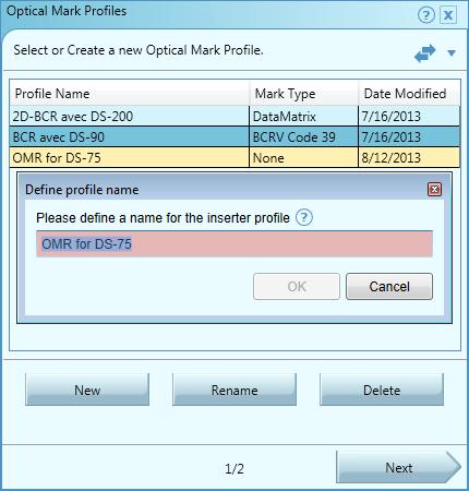 When opening the Optical Mark Settings, the screen with the profiles is displayed: s The following procedures are available: Select a profile from the list and open it by clicking on the Next button