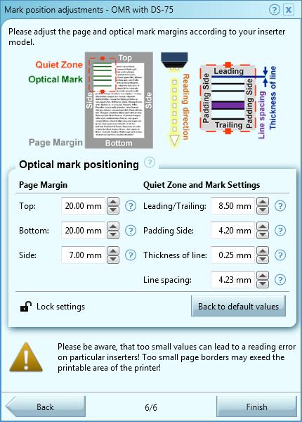 OMS-100 User Manual Mark Position Adjustment The optical mark position screen defines the detailed position of the mark on the page, including