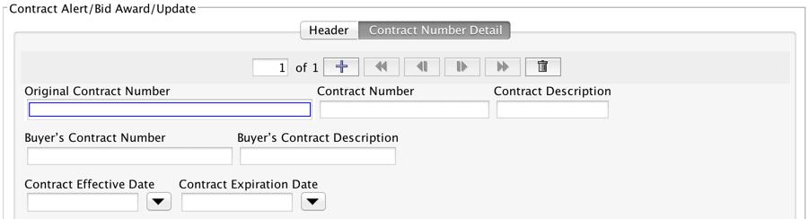 Upon completing the Header tab, navgiate to the Contract Number Detail tab.