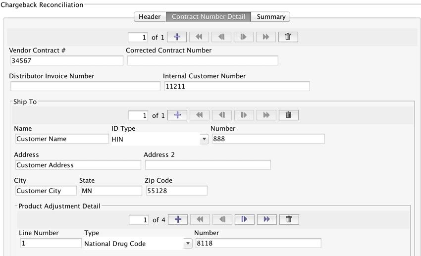 Upon completing the Header tab, navigate to the Contract Number Detail tab. Click the plus sign at the top of the form to select the Contract Number to work with.