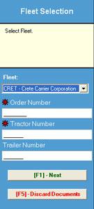 7. After clicking the Scanning Complete (F1) button, the Fleet Selection page will appear. The default fleet will be visible in the Fleet field.