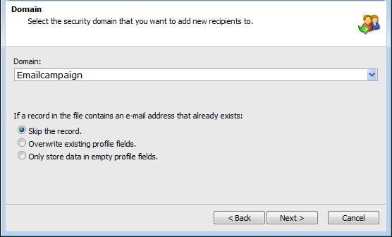 Select an option to determine what the module should do if the imported file contains an existing email. 7.