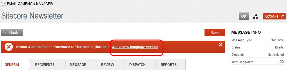 you that the message has not yet been translated into the new language. 4. In the notification, click Add a new language version.